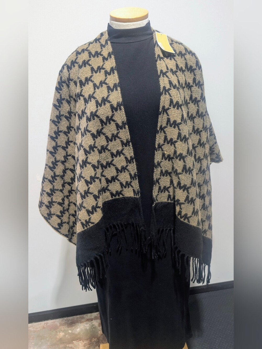 Michael Kors Tan and Black Logo Fringe Poncho